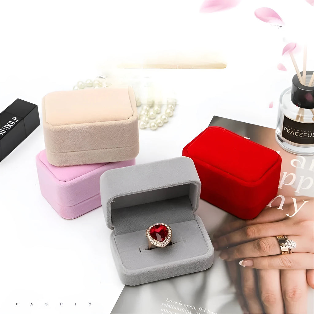 Flannelette ring box in velvet finish with ring inside, 5x7.5x4 inch size, multiple colours available