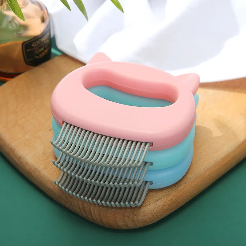 ABS plastic cat massage comb in blue, green, and pink colours, 10x9 cm, for grooming long and short haired cats
