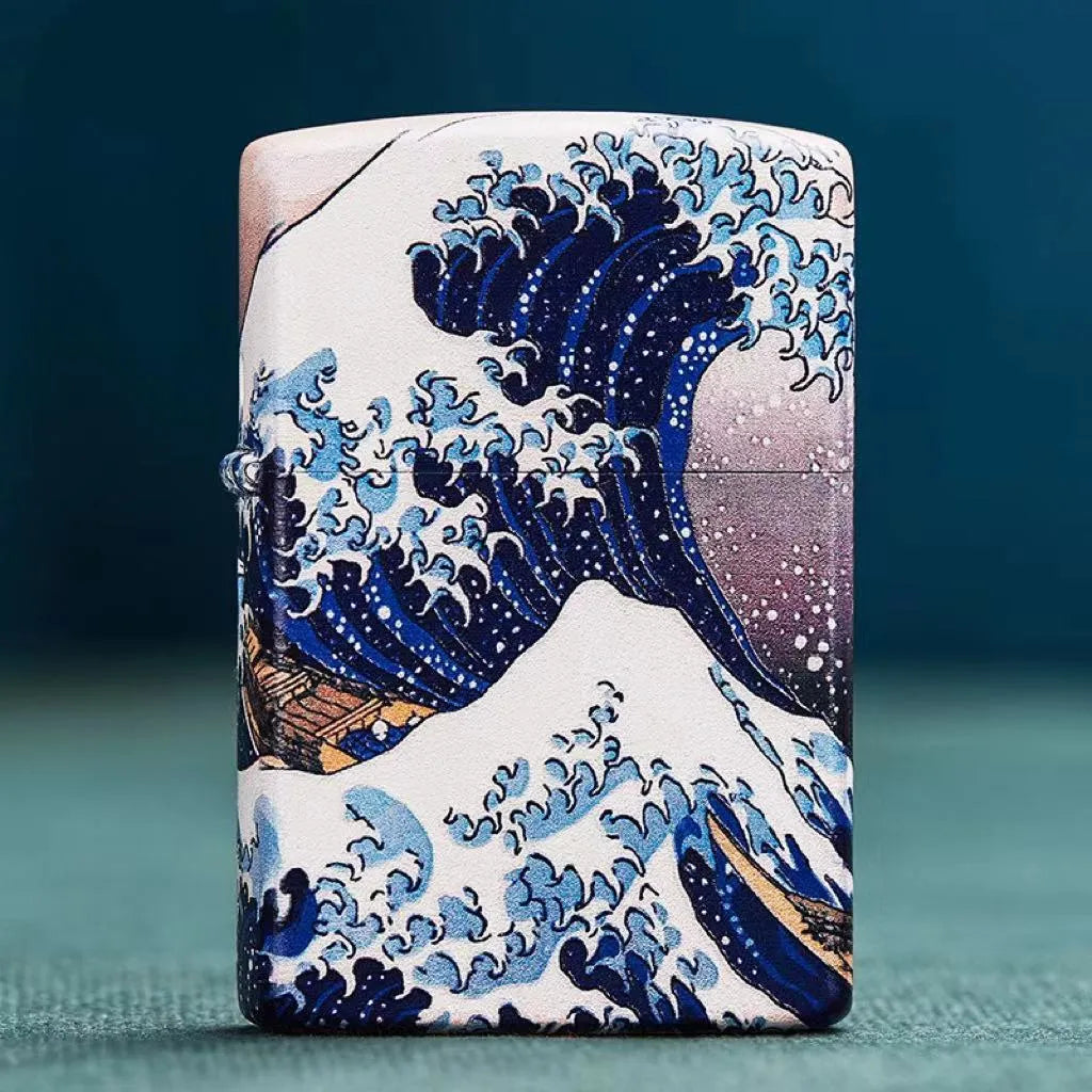 Coloured lacquer windproof lighter with Kanagawa surf design on copper housing, 58x39x13mm