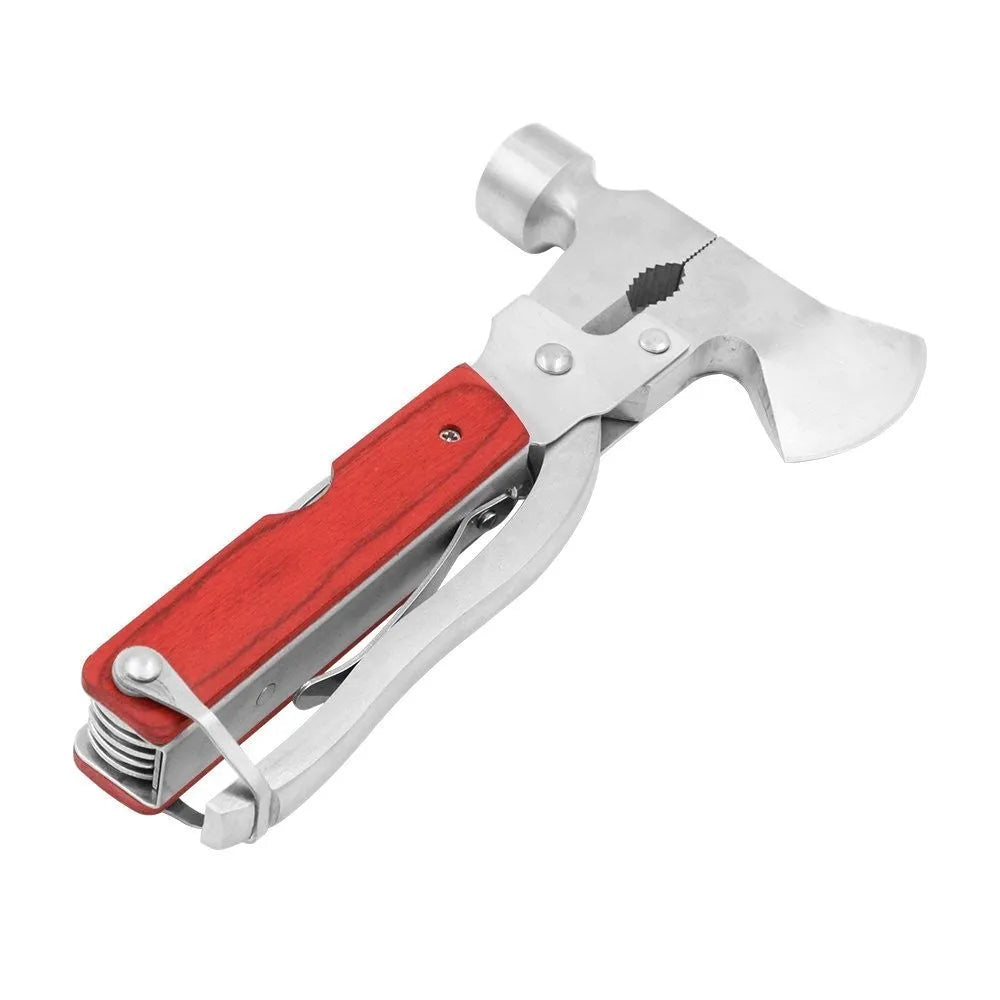 Solid steel 16-in-1 car safety emergency hammer with axe, claw, and cone heads, shown folded with Oxford fabric bag.