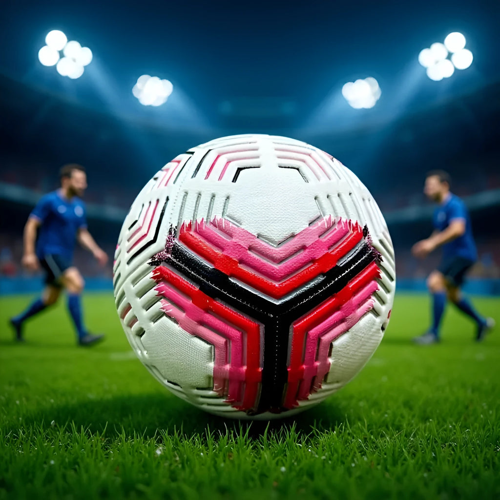 Size 5 PVC machine seam indentation competition football on grass in blue and white colourway
