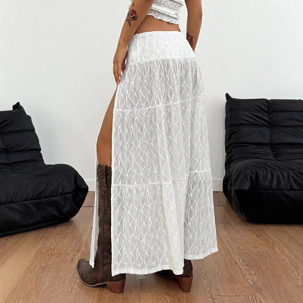 White A-line mid-length skirt with lace and see-through side seam details, jacquard craft, street fashion style.