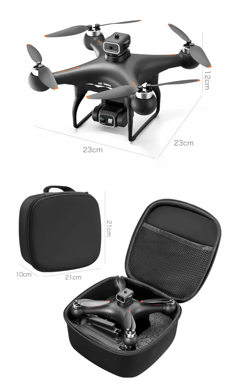 Black HD and White HD coloured brushless UAV drone with four-side obstacle avoidance and dual cameras, showing remote control.