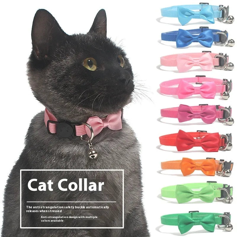 Colourful striped nylon bow collar for cats with an adjustable strap and small bell attached.