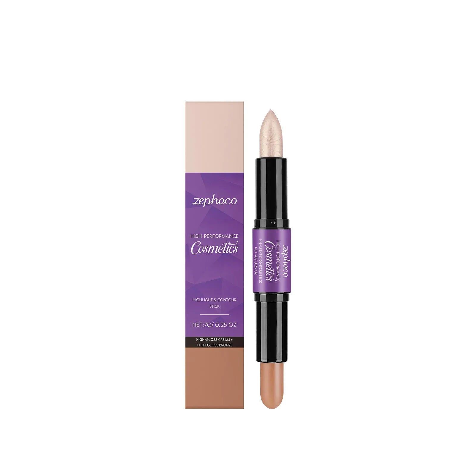 ZEPHOCO dual-ended cream highlighter and contour stick in matte bronze, amber, or high gloss bronze finish