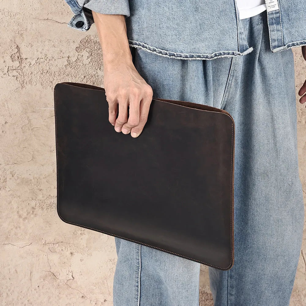Brown genuine leather computer bag with horizontal design for laptops and tablets