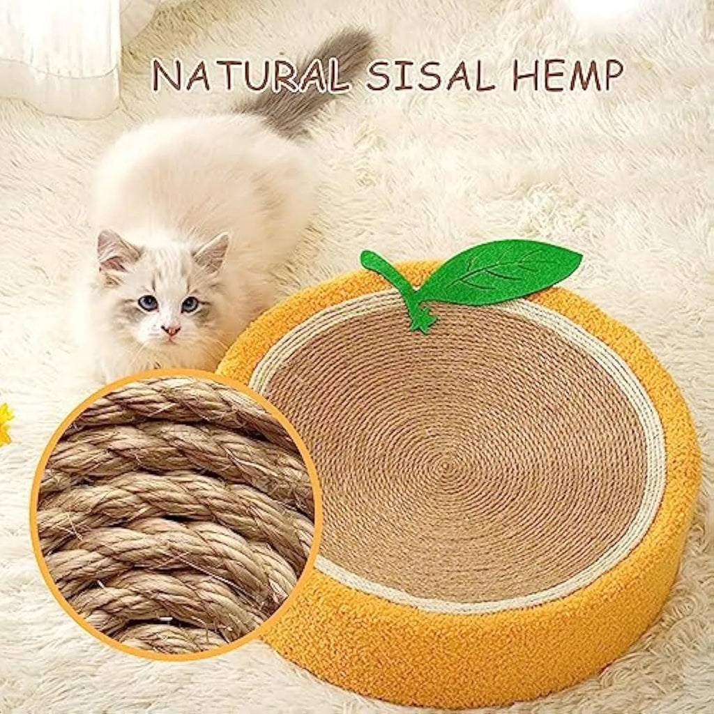 Round yellow sisal cat scratching board and bed for small indoor cats.