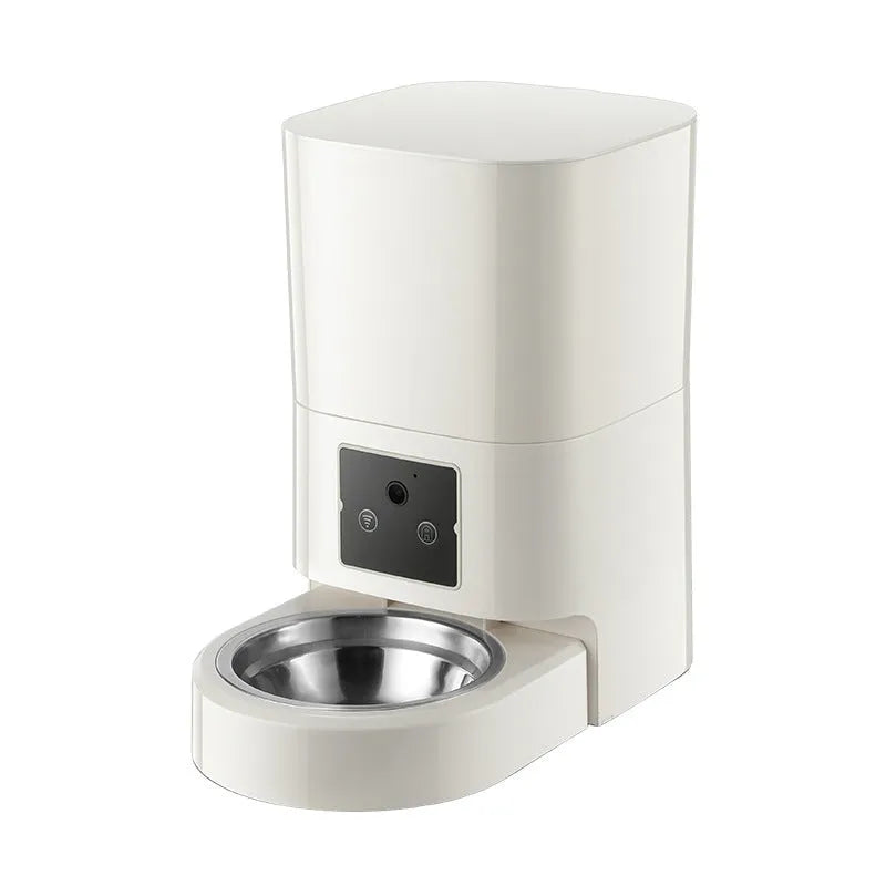 Automatic pet feeder in white with single bowl, featuring timing and remote control for cats and dogs.