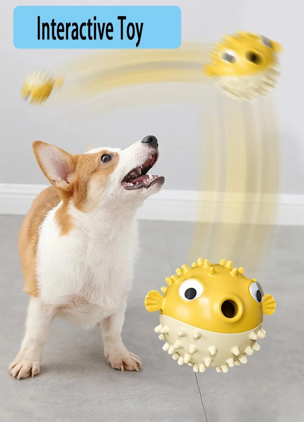Fish-shaped interactive TPR dog toy with treat dispenser and dental-cleaning surface particles