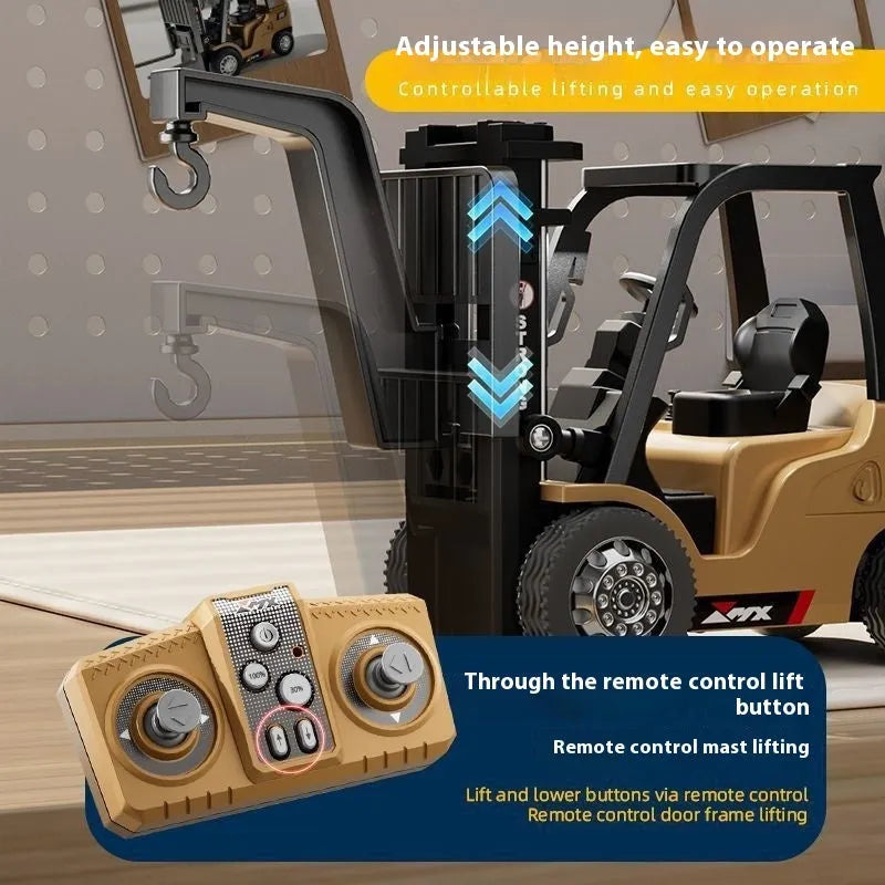 Mini blue alloy forklift remote control toy with cargo pallet and hook on a white background.