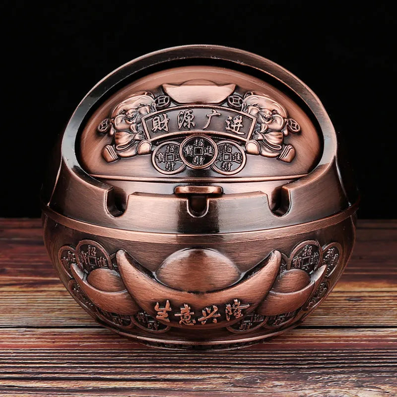 XL decorative alloy ashtray with smoke slot in bronze finish showing dragon and phoenix design