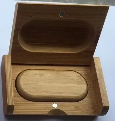 Wooden USB drive gift set in natural bamboo finish with box, dimensions 58x28x9 mm