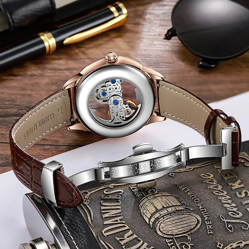 Men's luxury zircon dial waterproof mechanical watch on wrist with transparent case back