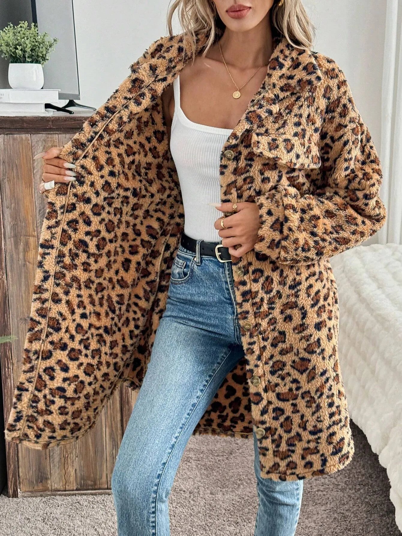 Double-sided plush long cardigan for women in dark brown with animal pattern, soft fleece texture