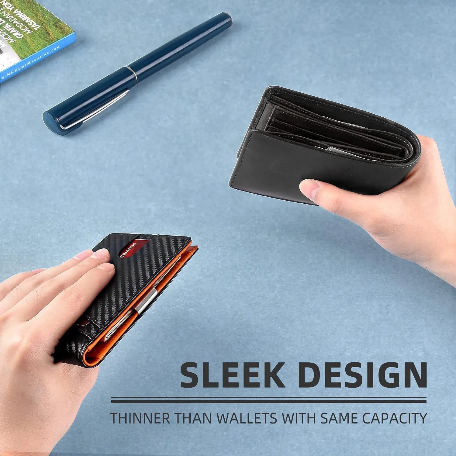 PU leather anti-theft card holder with multiple card slots shown in carbon fibre black colour