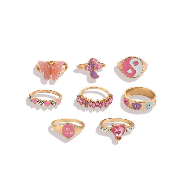 European American style colour dripping ring set 8 pieces zinc alloy with plant flower design