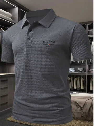 Men's loose fit printed lapel polo shirt in pinhole cloth fabric, shown in one of eleven available colours.