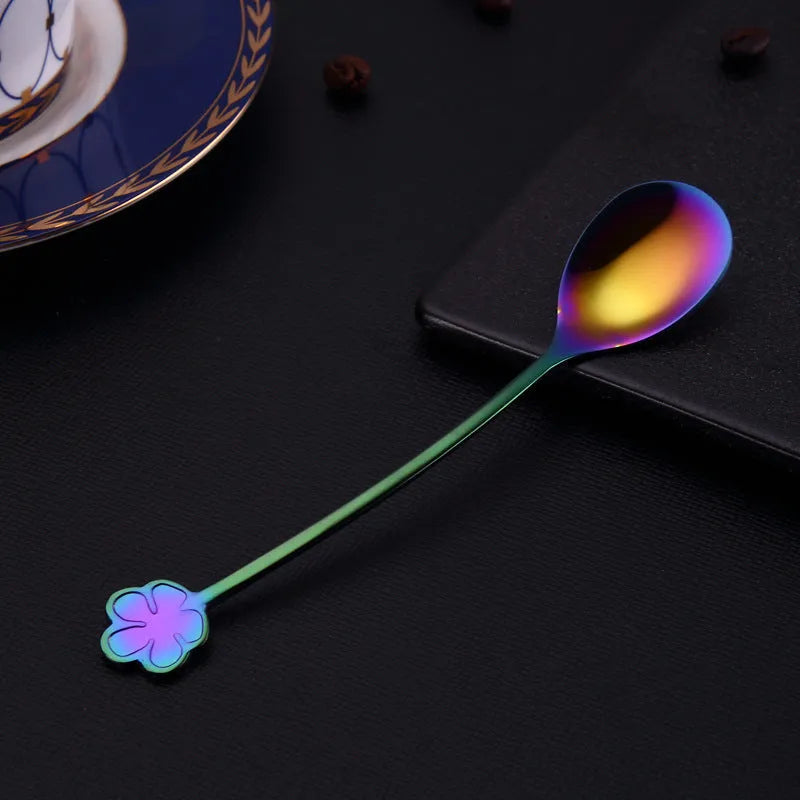 Gold plated 304 stainless steel dessert spoon with engraved flower pattern in multiple colours