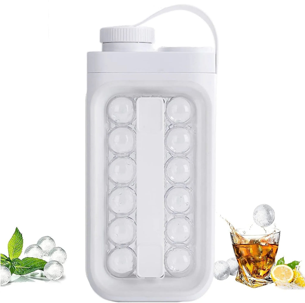 Light blue and white portable ice ball mould kettle showing 17-ball capacity and 2-in-1 bottle design