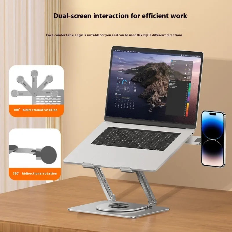Silver carbon steel laptop stand with side-mounted magnetic phone holder for devices up to 17 inches