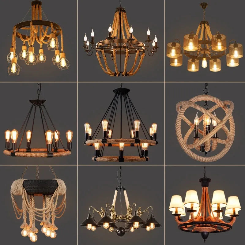 Industrial iron ceiling lamp with hemp rope wrapping, 800mm size, for living room or restaurant