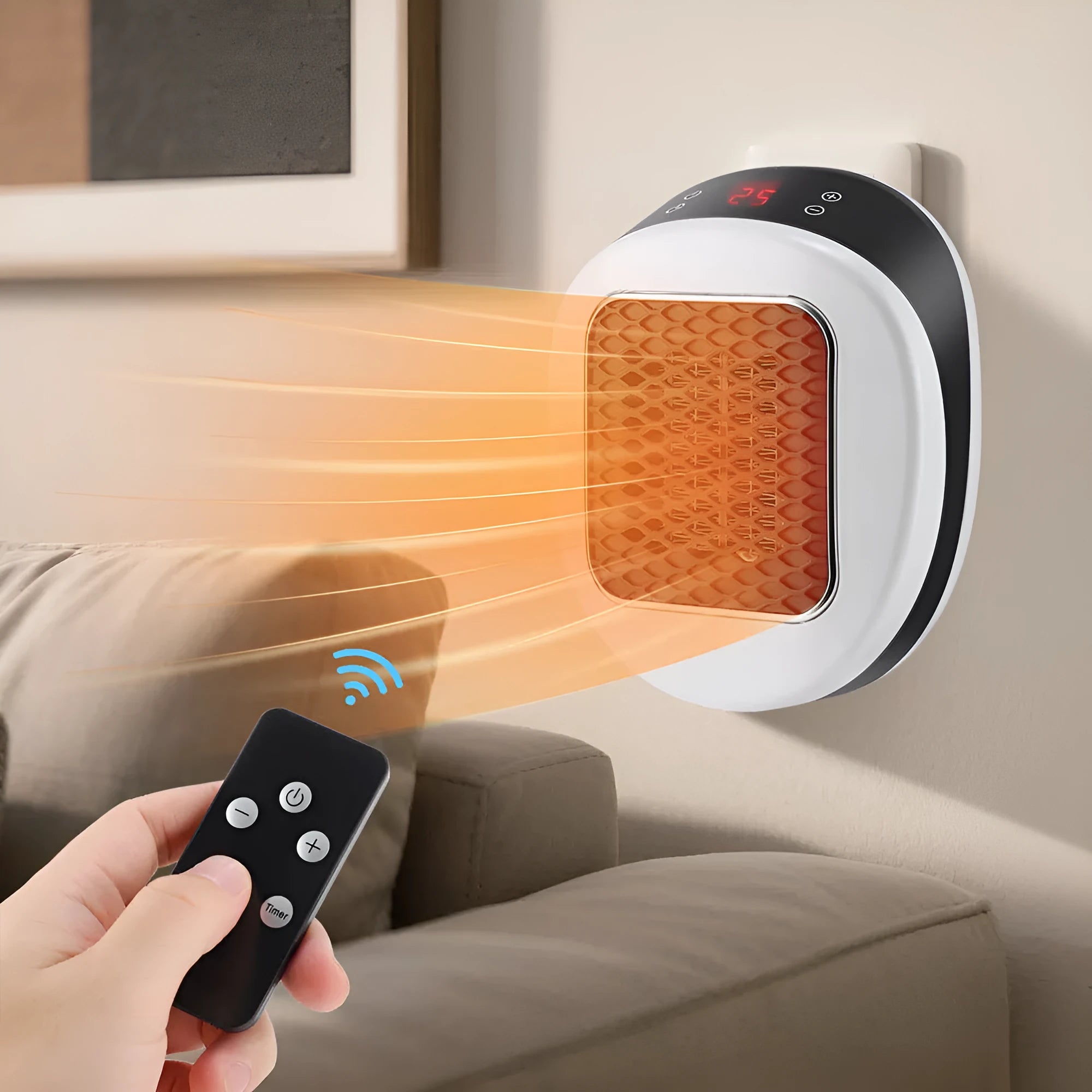 White ceramic heating electric heater with remote control on a table.