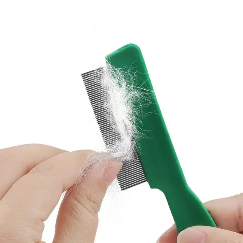 Green plastic-handled stainless steel pet flea comb for dog and cat grooming measuring 129mm