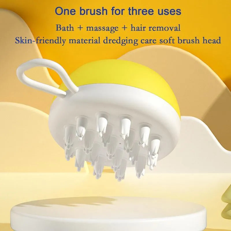 Blue handheld silicone dog shampoo brush with massage points for bath time.