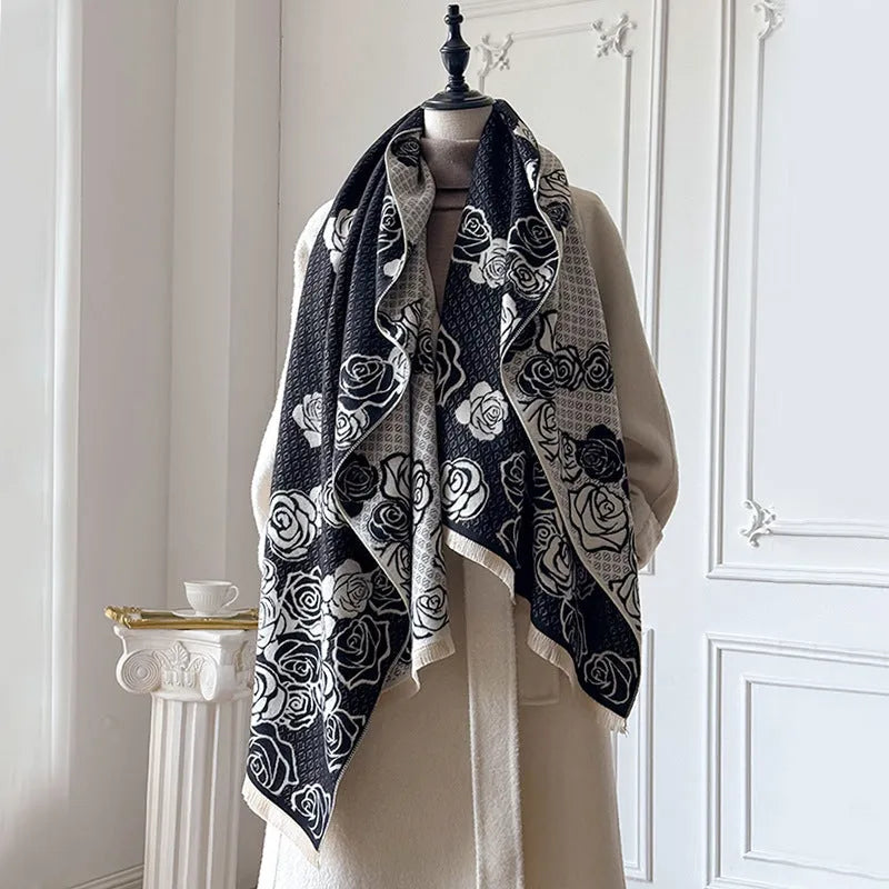 Cashmere-like winter scarf with tassel trim in four colour options showing dimensions of 185cm by 65cm