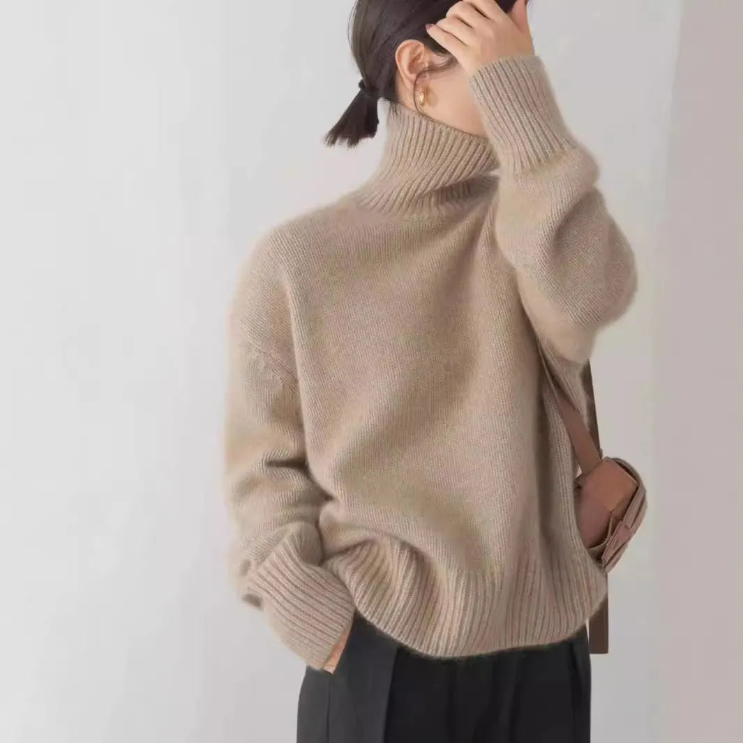 Women's loose high-neck solid-colour knit pullover sweater in apricot, long sleeves, free size