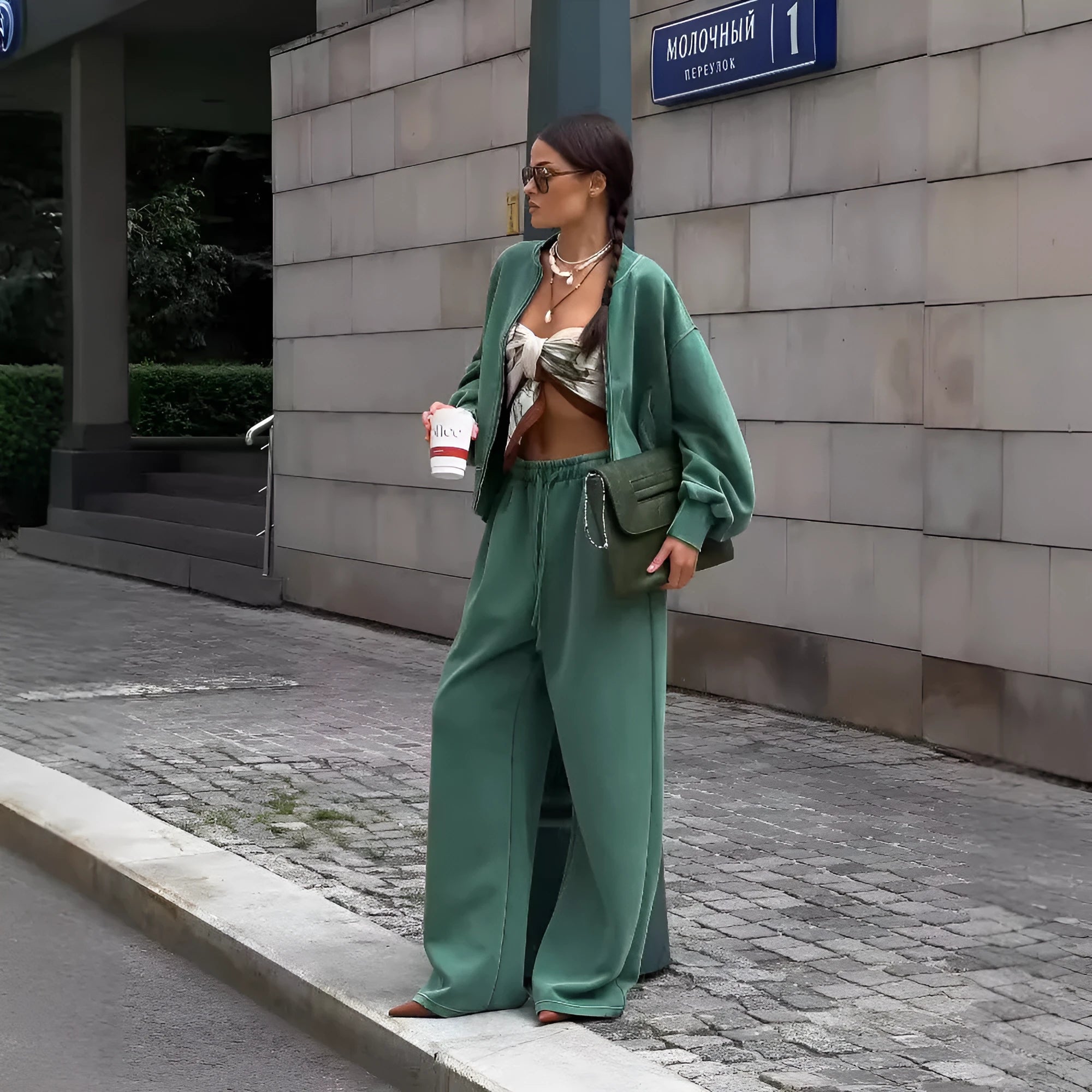 Women green cotton thermal zipper stand collar long sleeve sweater autumn winter street fashion