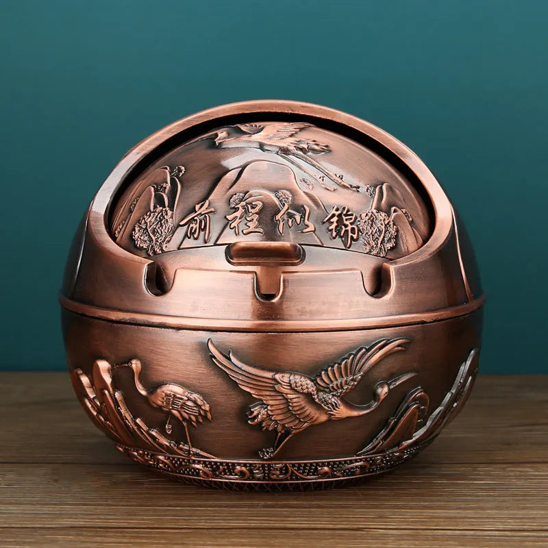 XL decorative alloy ashtray with smoke slot in bronze finish showing dragon and phoenix design