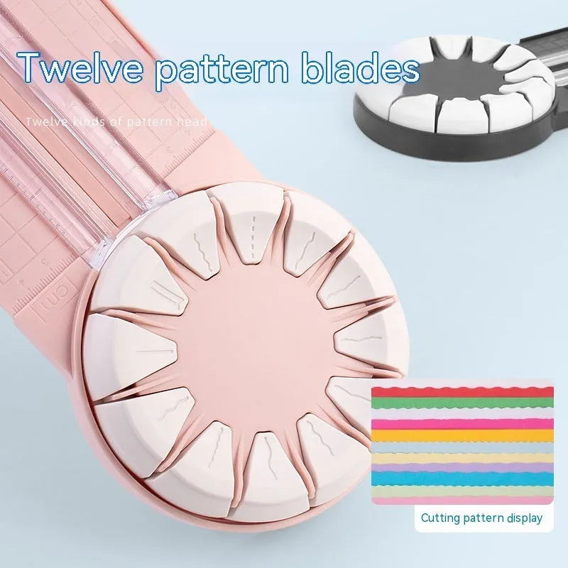 Pink 12-in-1 multifunctional paper cutting machine with dotted guide lines on its base.