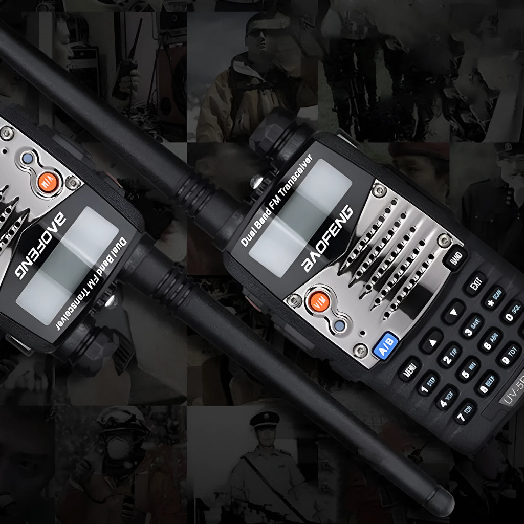 Baofeng UV-5RA black handheld dual-band two-way radio with dual display and antenna