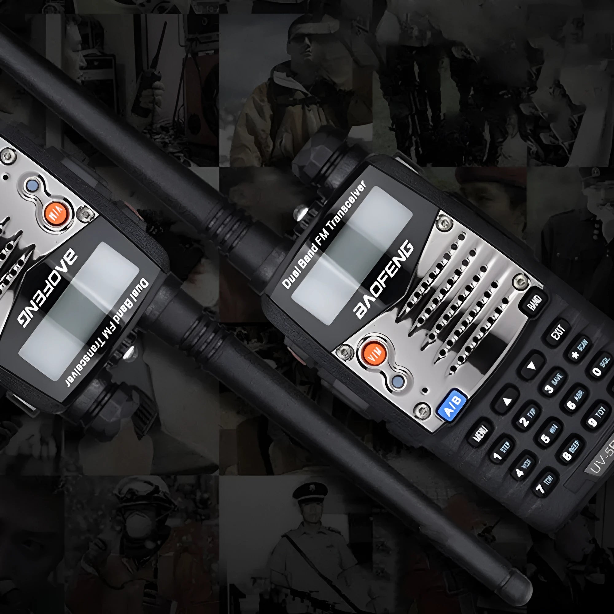 Baofeng UV-5RA black handheld dual-band two-way radio with dual display and antenna