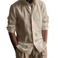 Men's linen-cotton long sleeve stand collar shirt in solid colour, slim fit, cardigan style