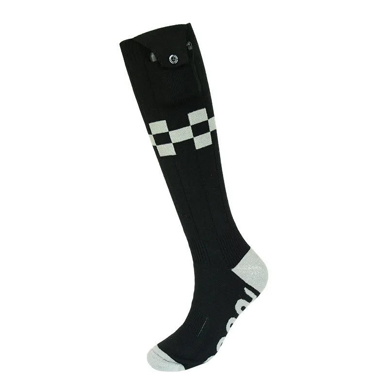 Smart APP controlled heated ski socks in black and gray mesh with far infrared heating and USB rechargeable battery