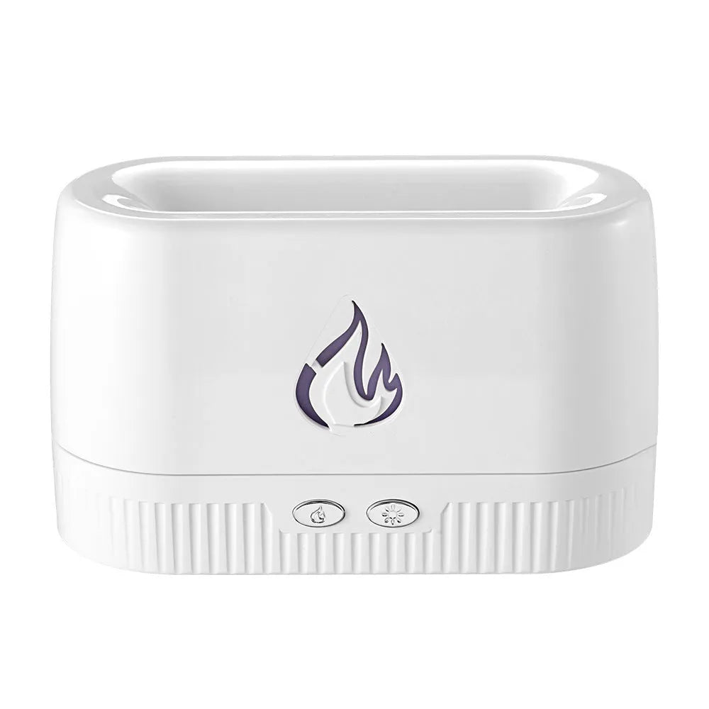 Black simulated flame aromatherapy humidifier with 200ml tank, USB cable, and flame LED light on a desk