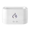 Black simulated flame aromatherapy humidifier with 200ml tank, USB cable, and flame LED light on a desk