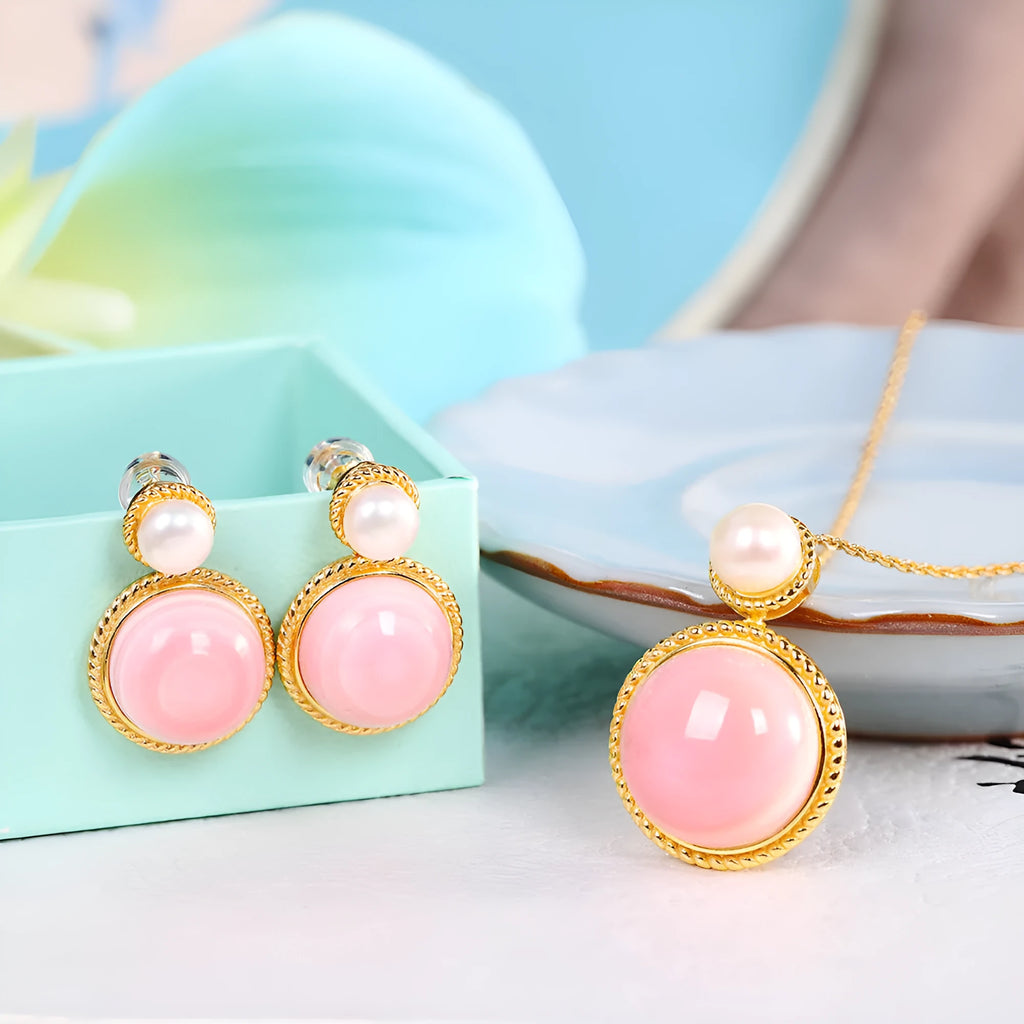 Geometric pink shell stud earrings for women with 925 silver base and gold plating