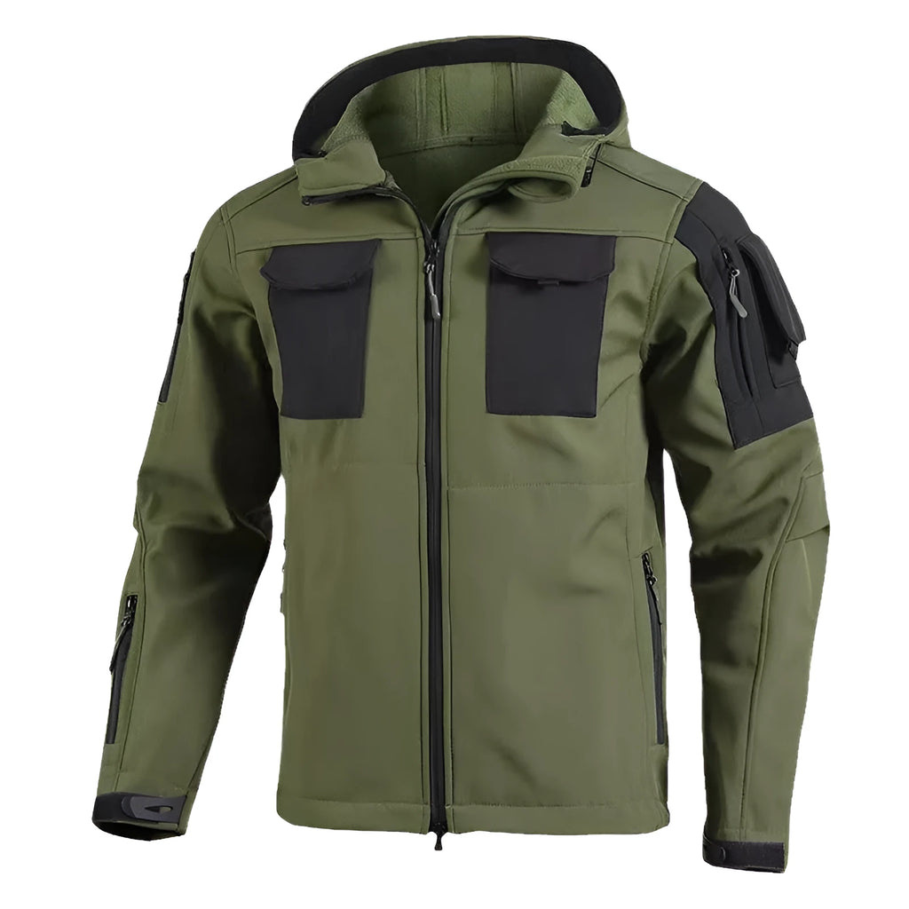 Fleece-lined soft shell jacket for adults, windproof and waterproof, hooded, in black grey or green