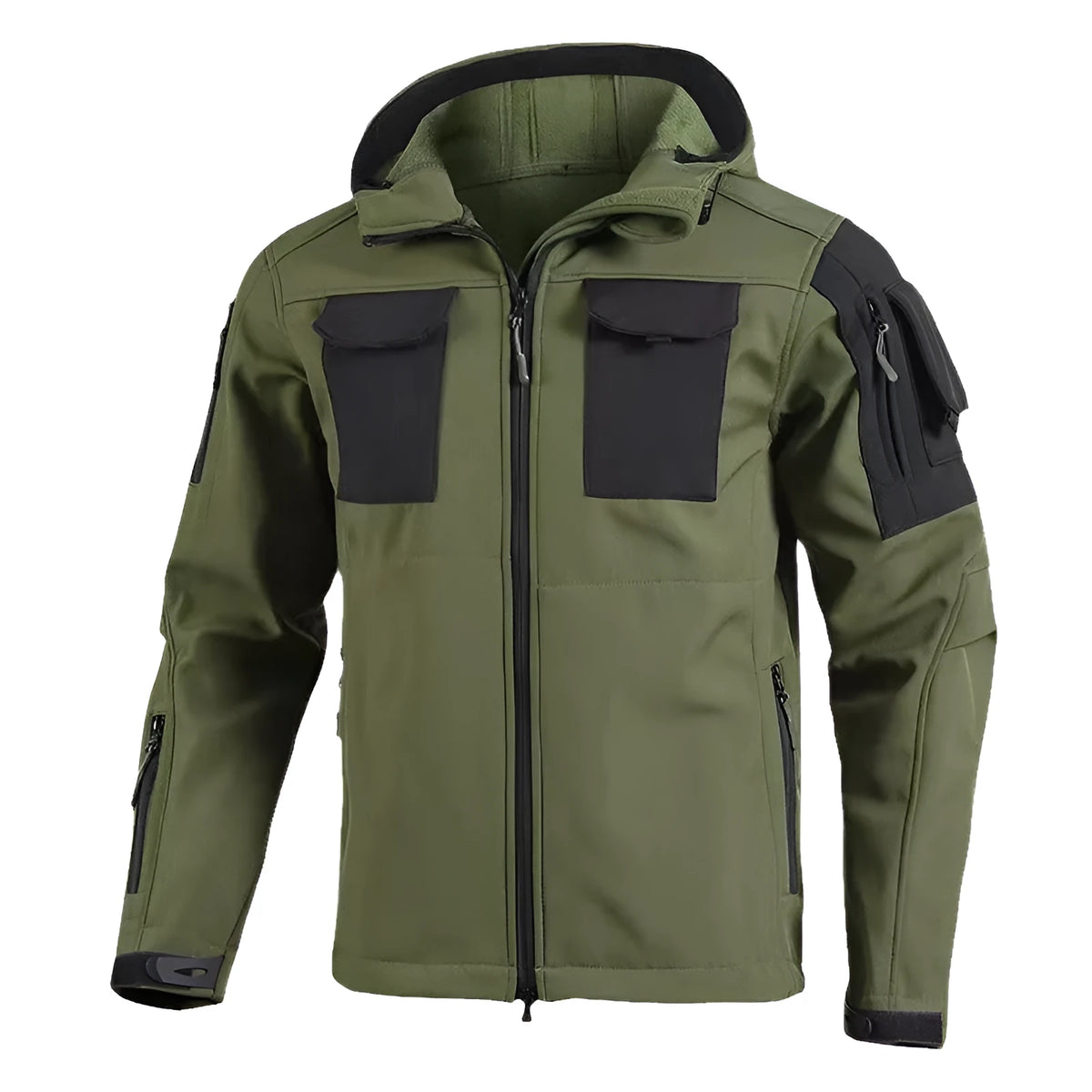 Fleece-lined soft shell jacket for adults, windproof and waterproof, hooded, in black grey or green