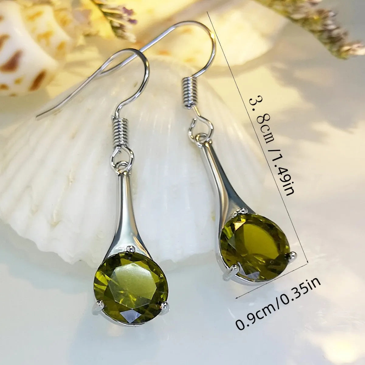 Olive green topaz drop earrings with water drop shape and electroplated alloy construction