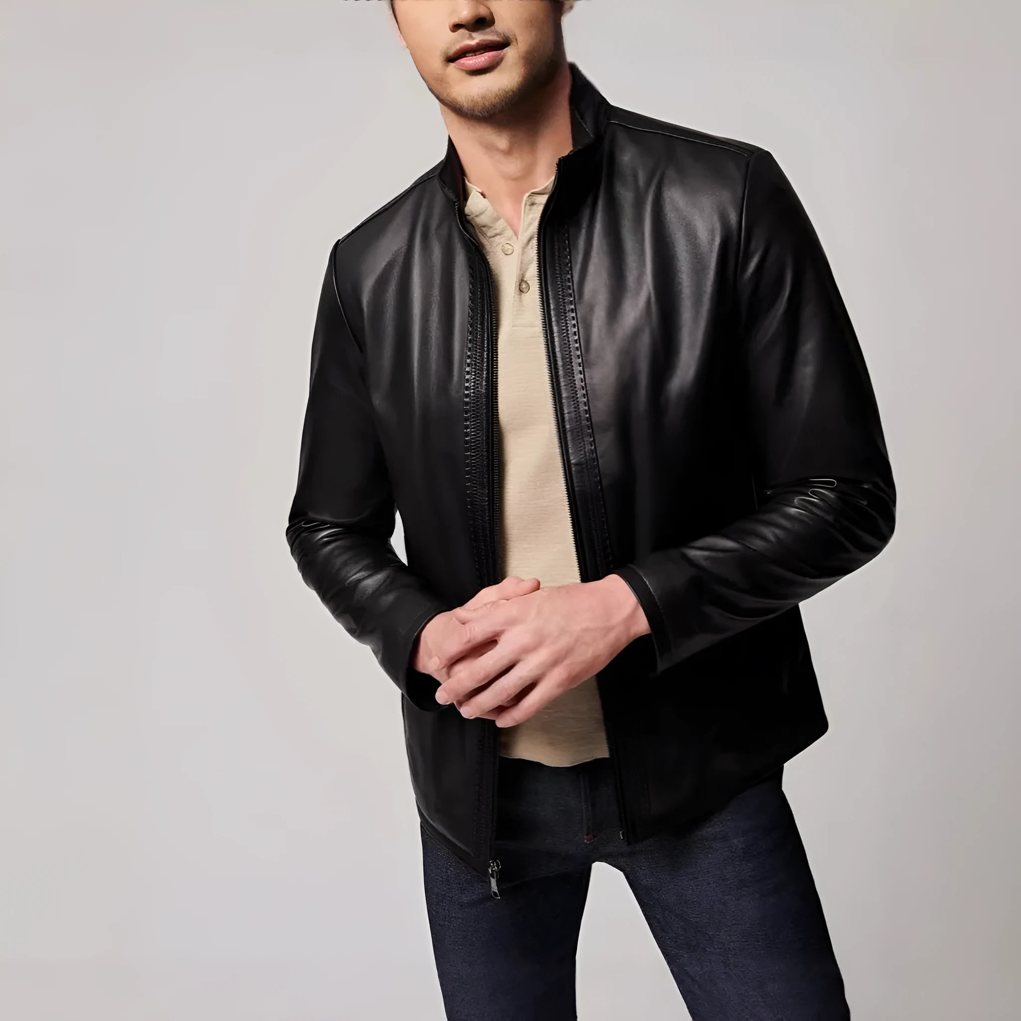 Men's black polyester retro jacket with straight hem and long sleeves