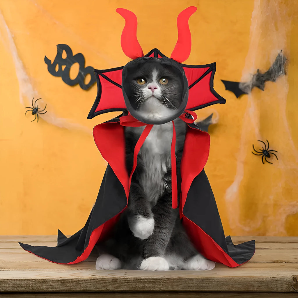 Black polyester vampire cloak and hat pet costume set for cats and small dogs