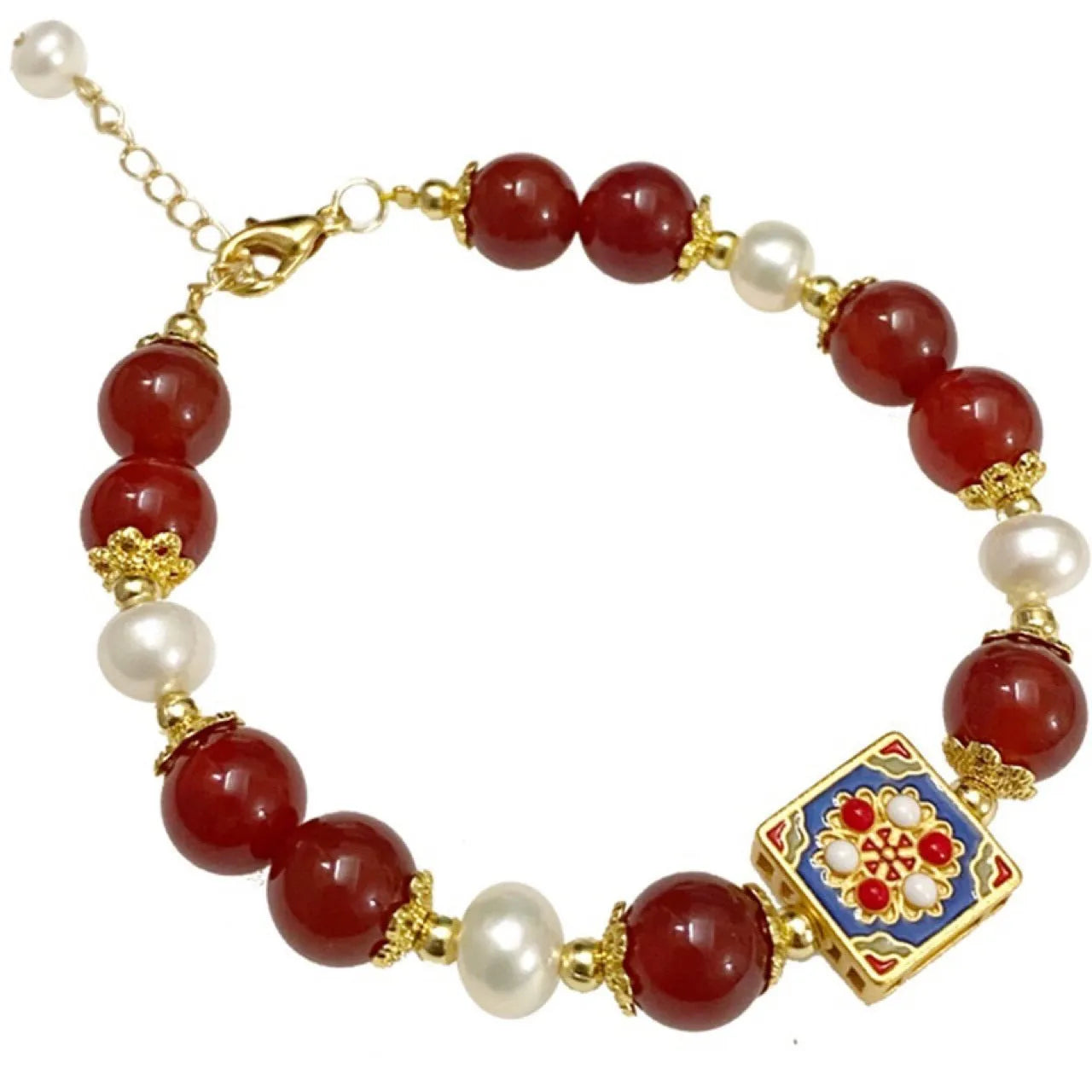 Pearl and red agate star stone bracelet with constellation design, manual craft, 14-17 cm wrist fit, women's lucky accessory