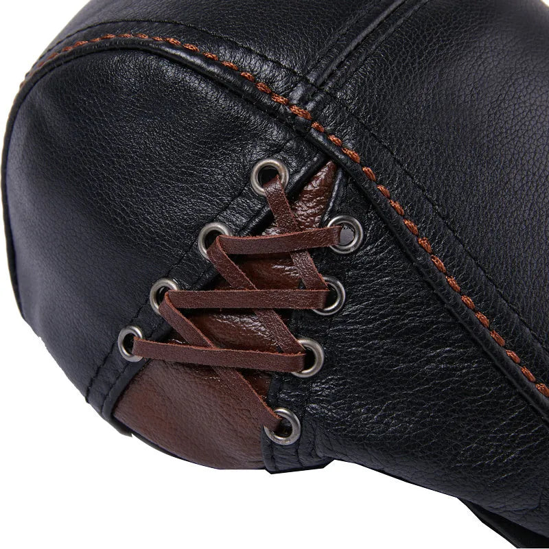 Men's cowhide leather peaked cap with short brim dome style in black brown sizes L XL XXL