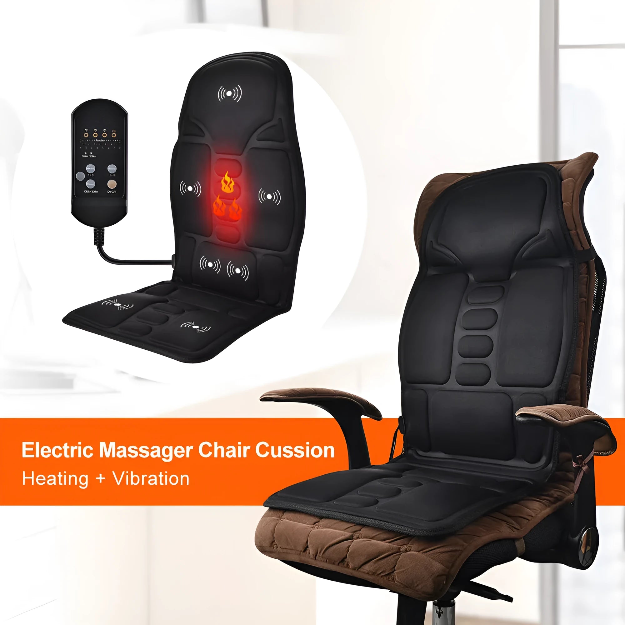 Black electric cervical vertebra massager with remote control in OPP bag packaging