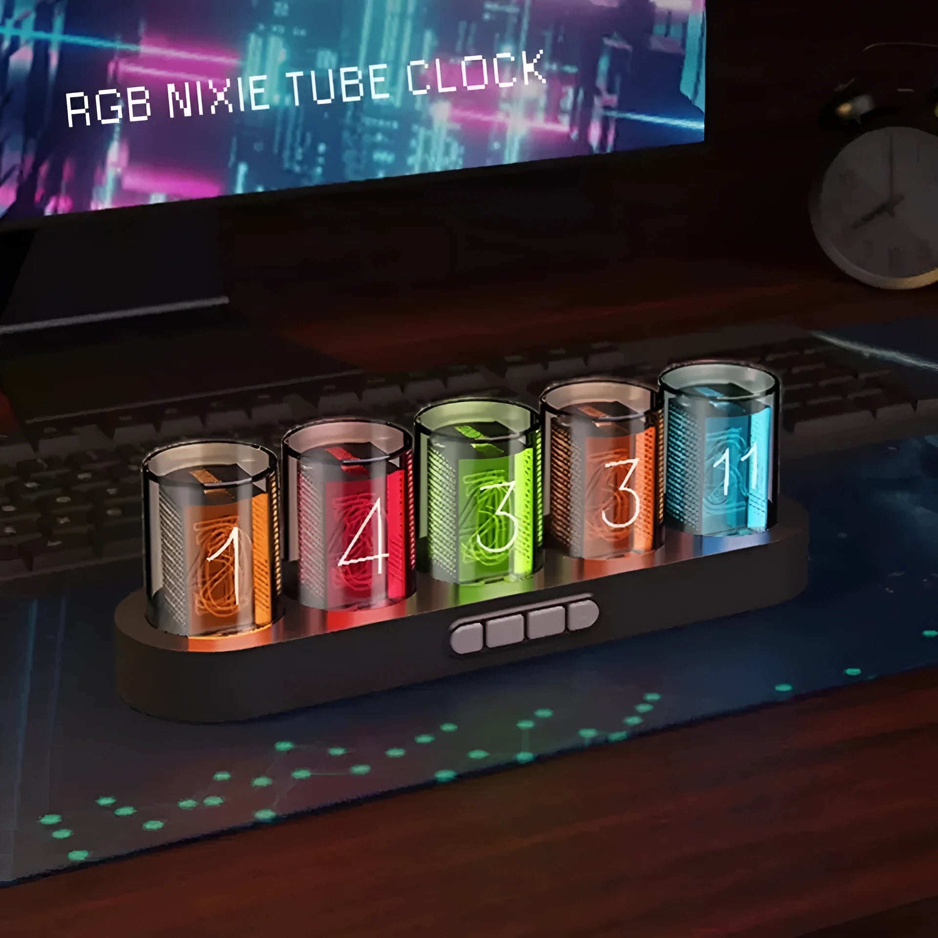 RGB Luminotron LED digital clock showing colourful display on desk
