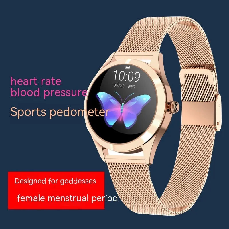Women's smartwatch in black, rose gold, silver, or white with heart rate monitoring display